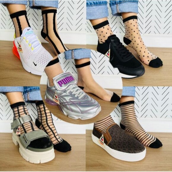 ⭐Women Socks 5 Pairs Transparent Silk Elastic Mesh Multi design Ankle Black New - Picture 1 of 9